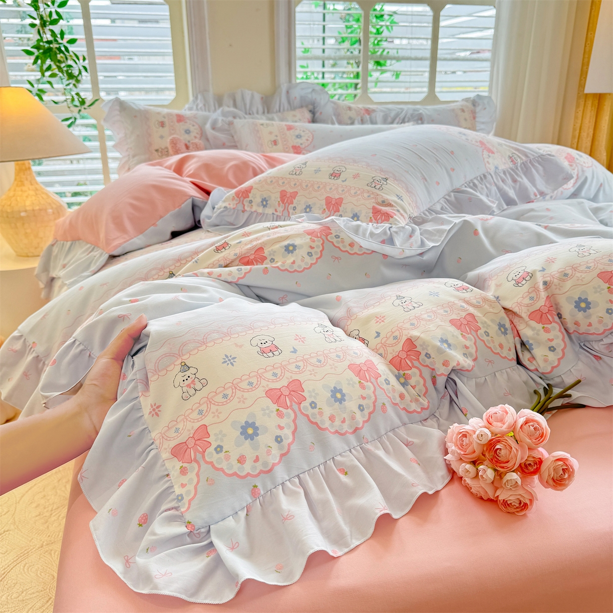 91家纺网 家纺一手货源 找家纺 经年 2026新款韩版花边水洗云朵棉四件套 布丁狗蓝