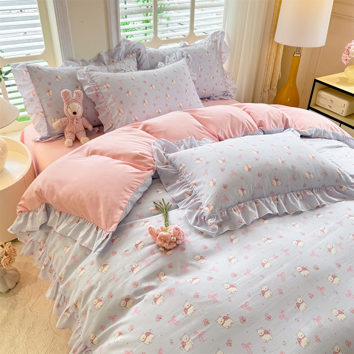 91家纺网 家纺一手货源 找家纺 经年 2026新款韩版花边水洗云朵棉四件套 蝴蝶结小狗