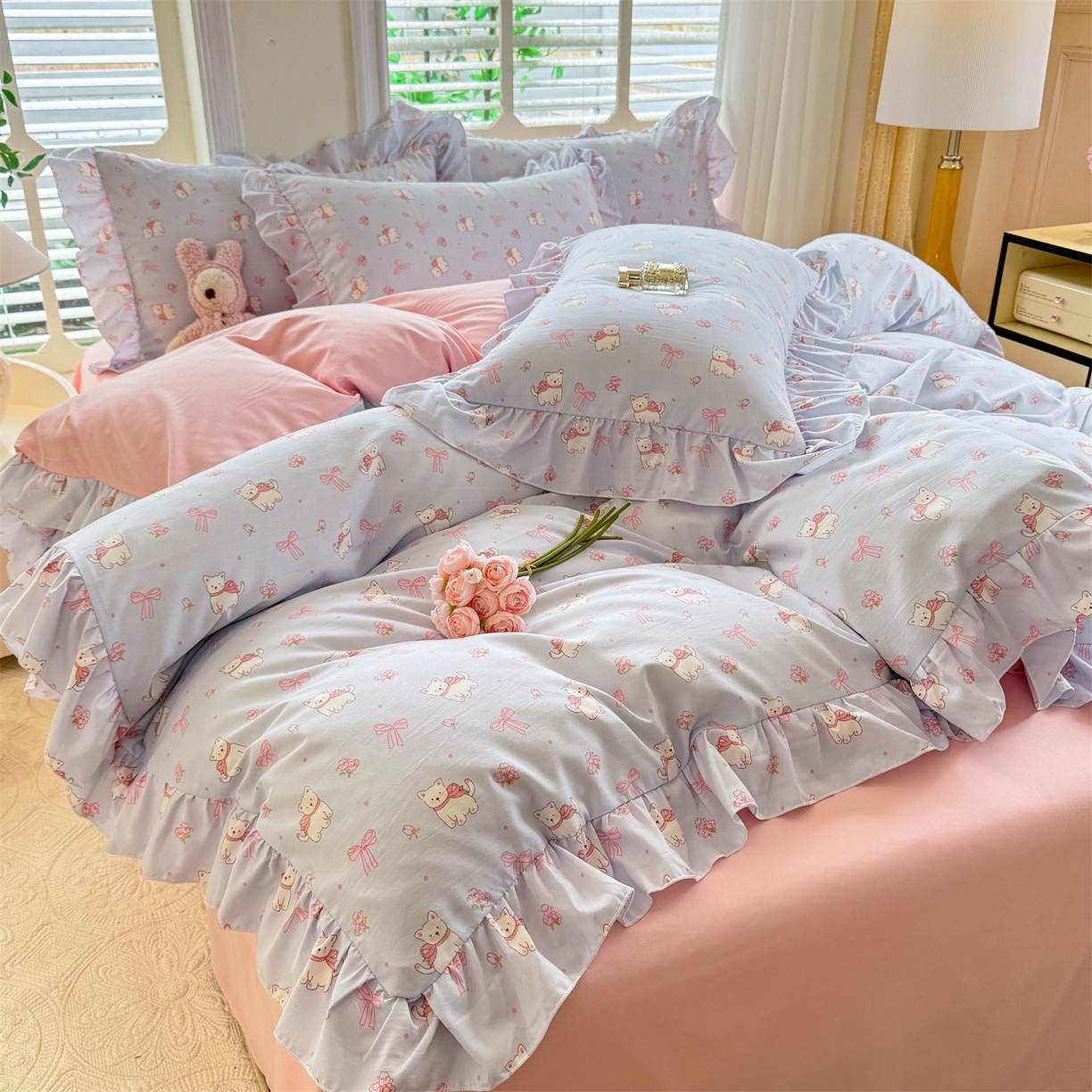 91家纺网 家纺一手货源 找家纺 经年 2026新款韩版花边水洗云朵棉四件套 蝴蝶结小狗