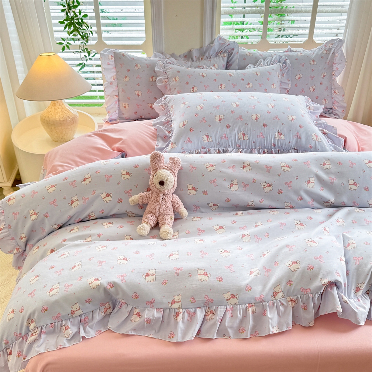 91家纺网 家纺一手货源 找家纺 经年 2026新款韩版花边水洗云朵棉四件套 蝴蝶结小狗