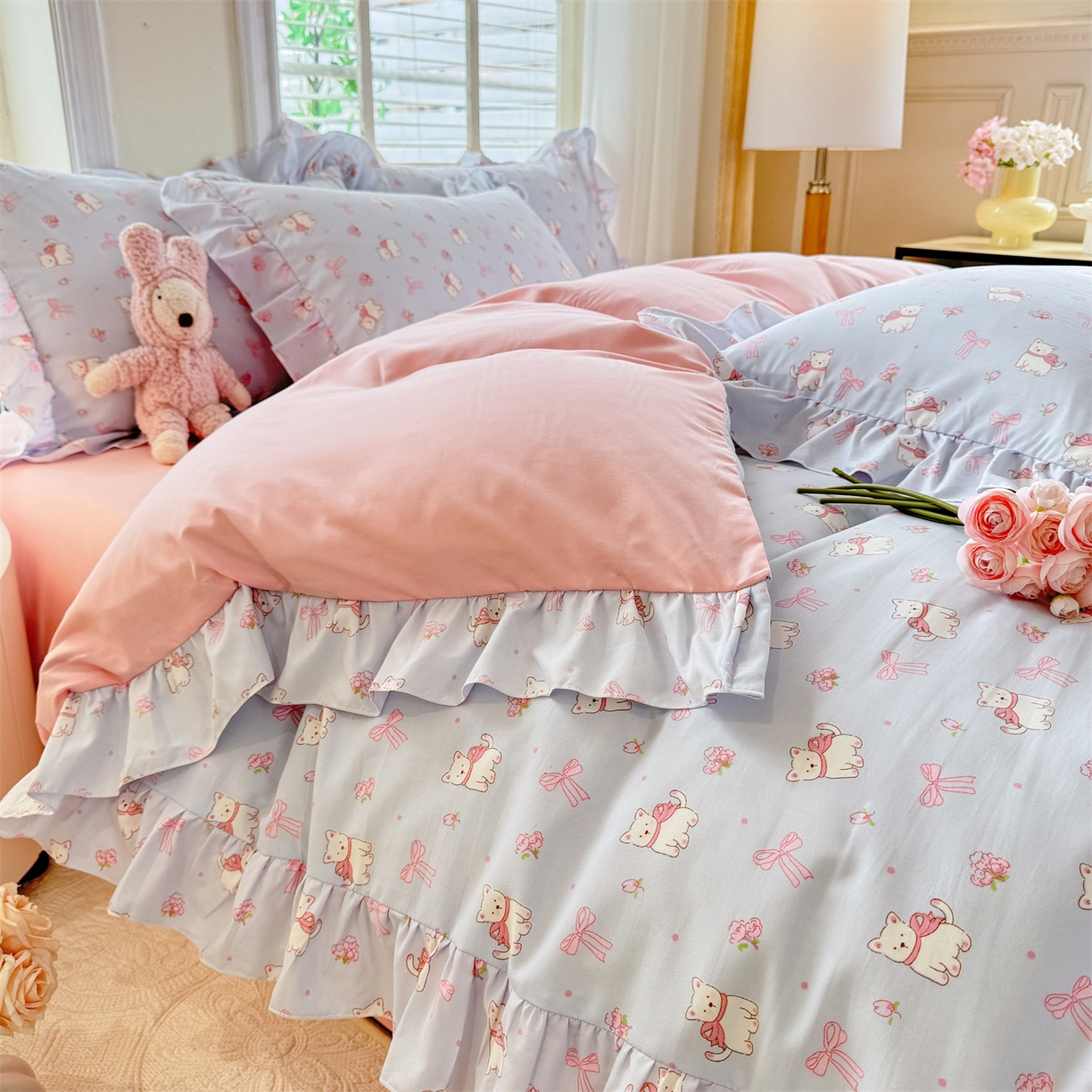 91家纺网 家纺一手货源 找家纺 经年 2026新款韩版花边水洗云朵棉四件套 蝴蝶结小狗