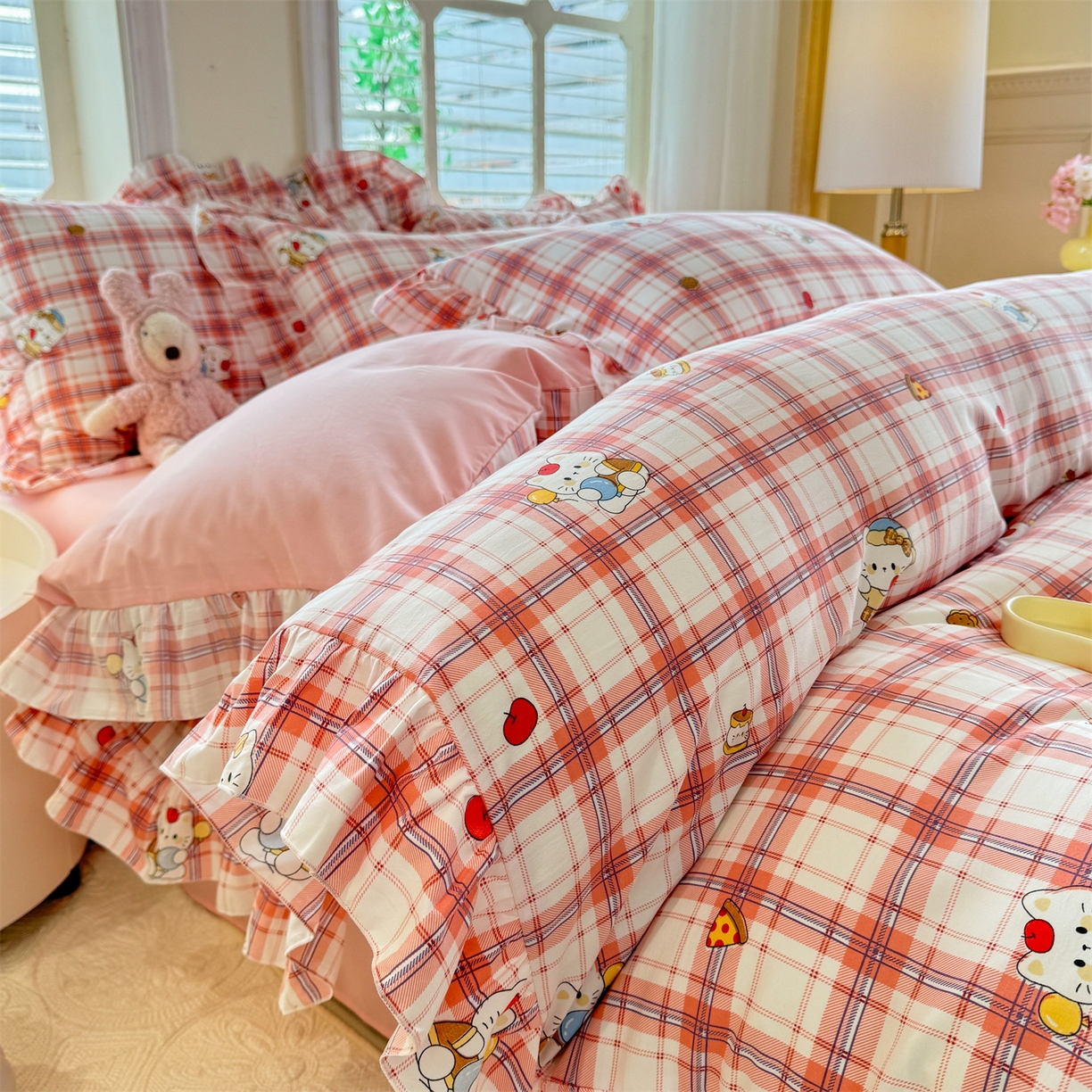 经年 2026新款韩版花边水洗云朵棉四件套 复古K猫粉