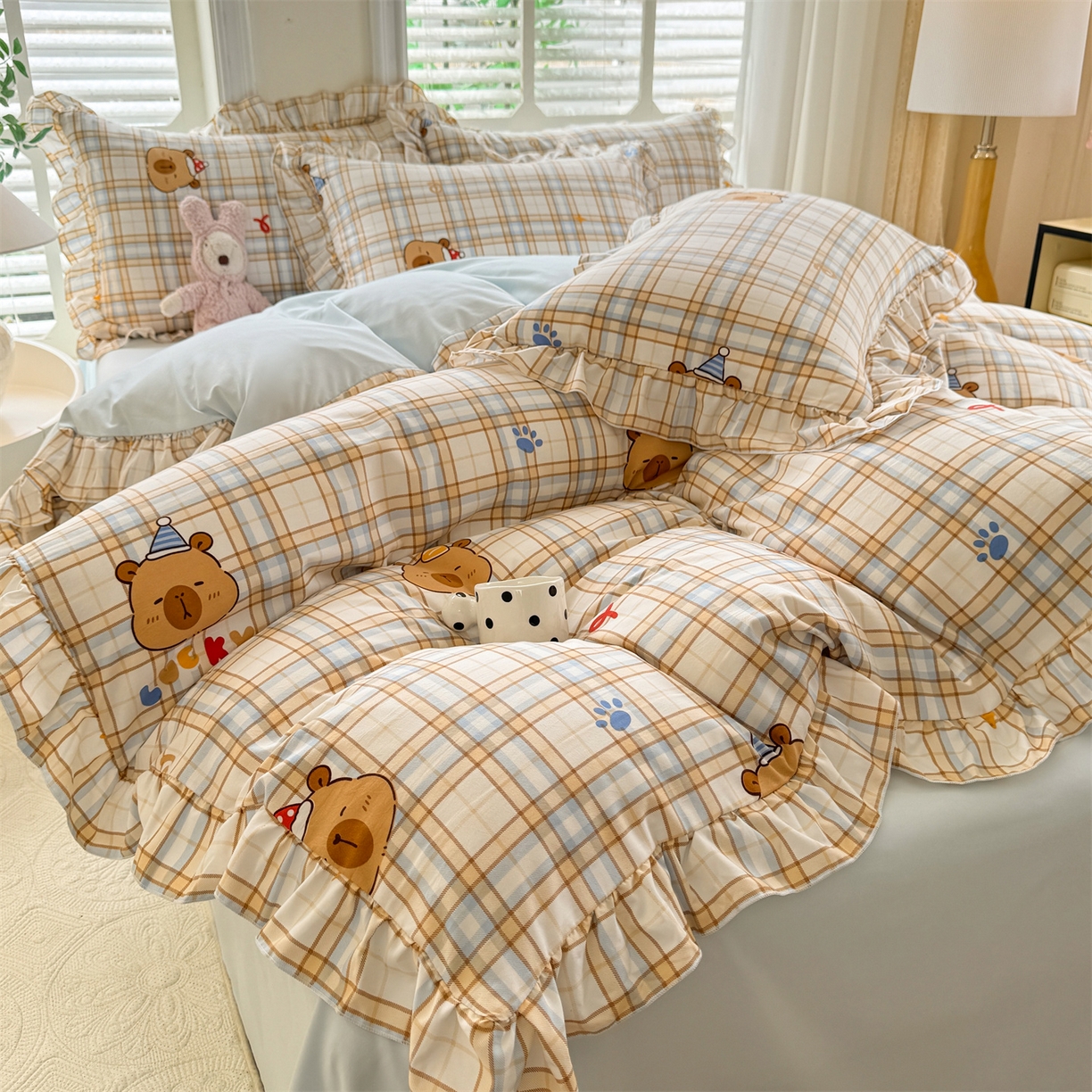 91家纺网 家纺一手货源 找家纺 经年 2026新款韩版花边水洗云朵棉四件套 卡皮吧啦