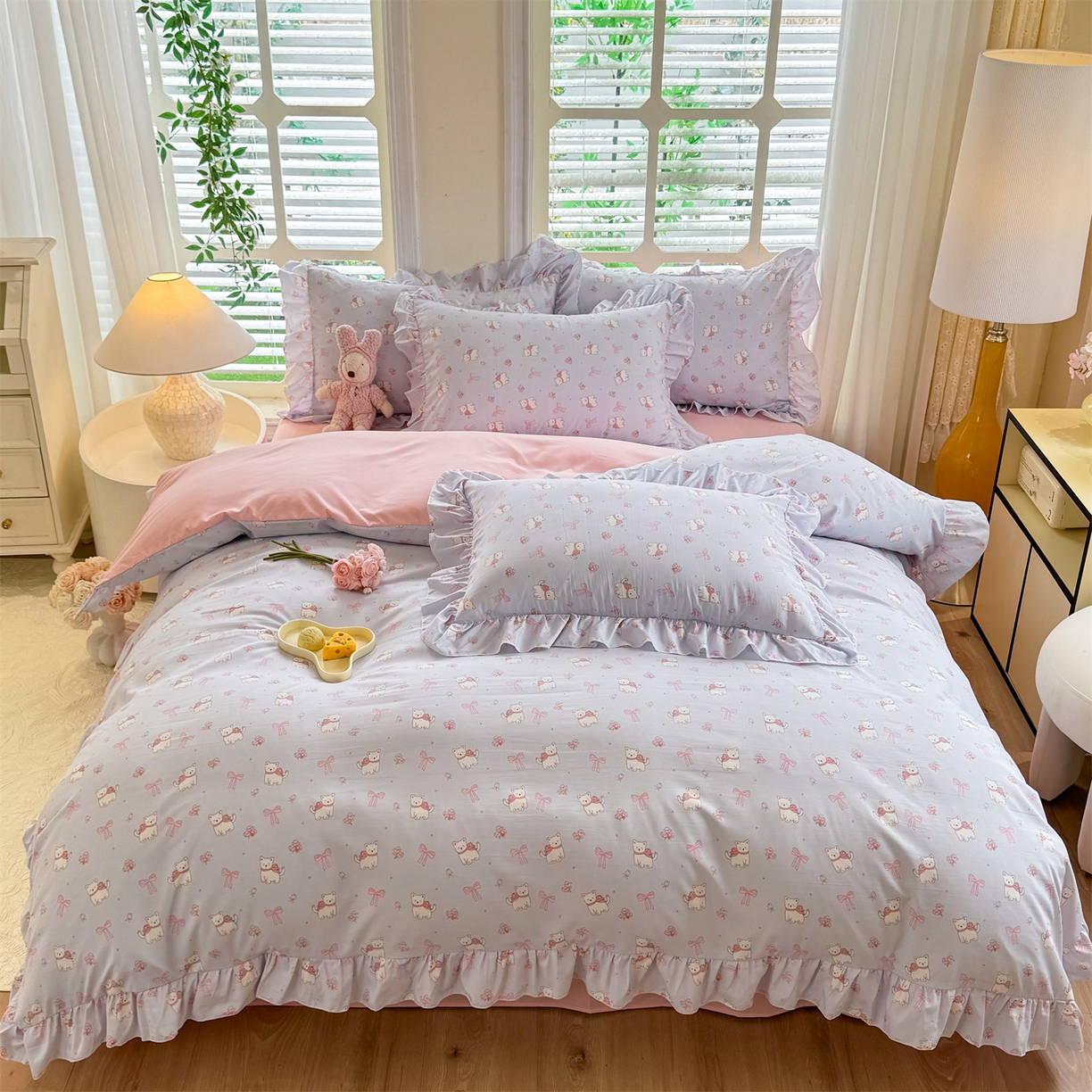 91家纺网 家纺一手货源 找家纺 经年 2026新款韩版花边水洗云朵棉四件套 蝴蝶结小狗