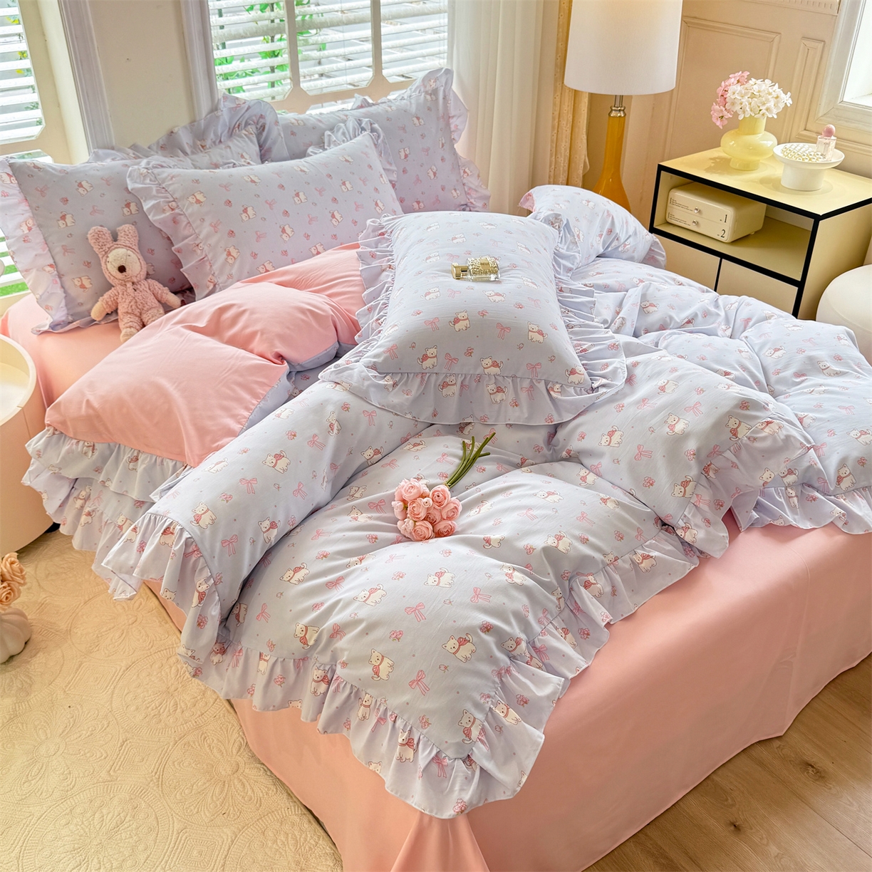 91家纺网 家纺一手货源 找家纺 经年 2026新款韩版花边水洗云朵棉四件套 蝴蝶结小狗