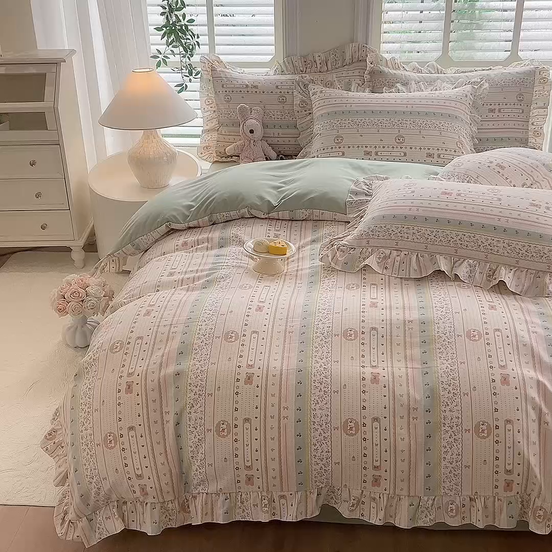 91家纺网 家纺一手货源 找家纺 经年 2026新款韩版花边水洗云朵棉四件套 泡芙小兔