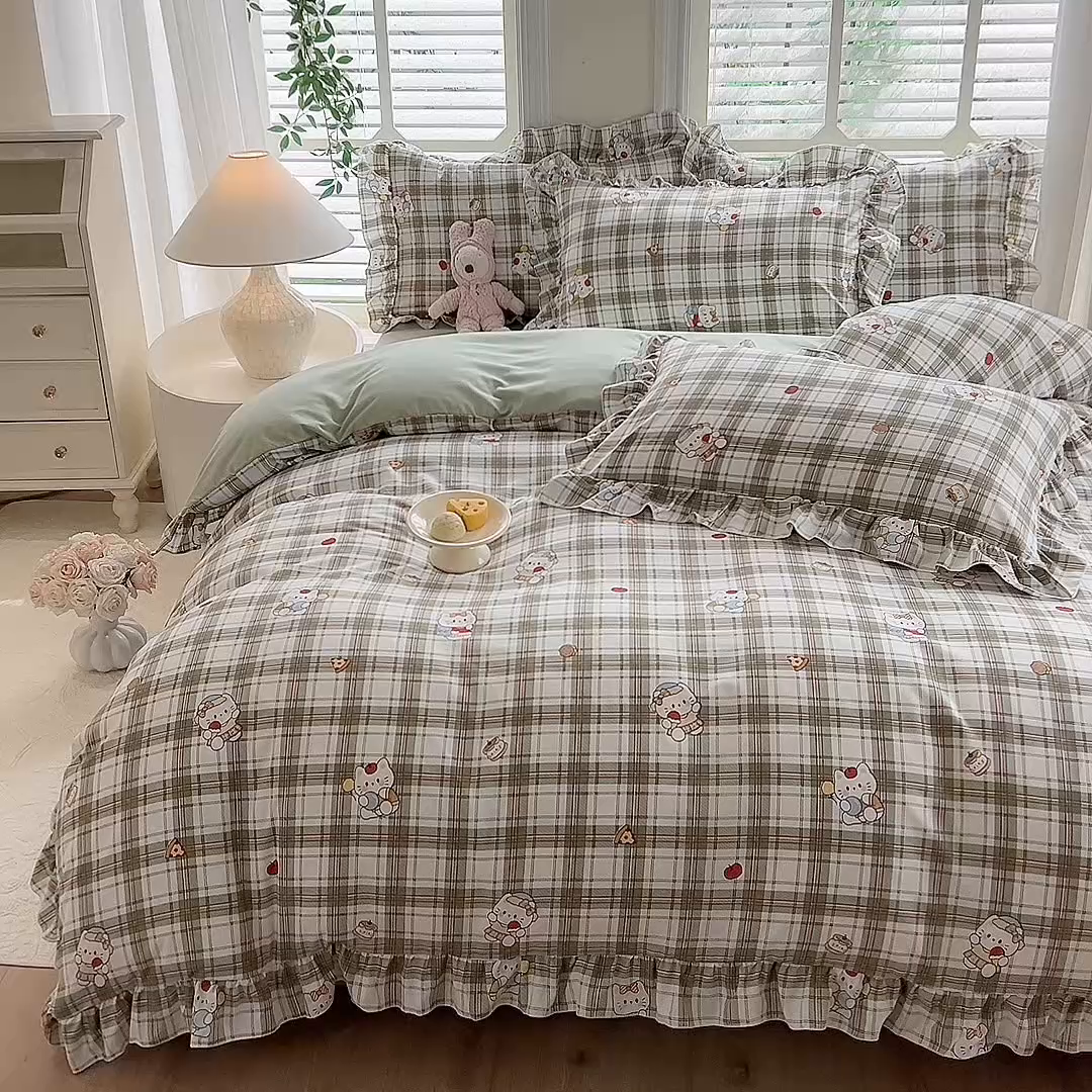 91家纺网 家纺一手货源 找家纺 经年 2026新款韩版花边水洗云朵棉四件套 复古K猫绿