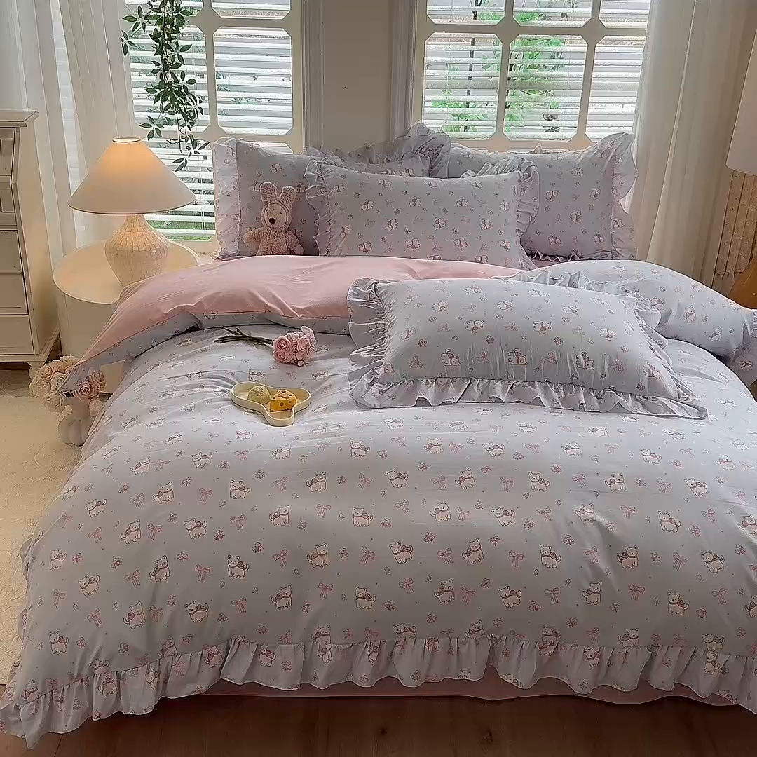 91家纺网 家纺一手货源 找家纺 经年 2026新款韩版花边水洗云朵棉四件套 蝴蝶结小狗