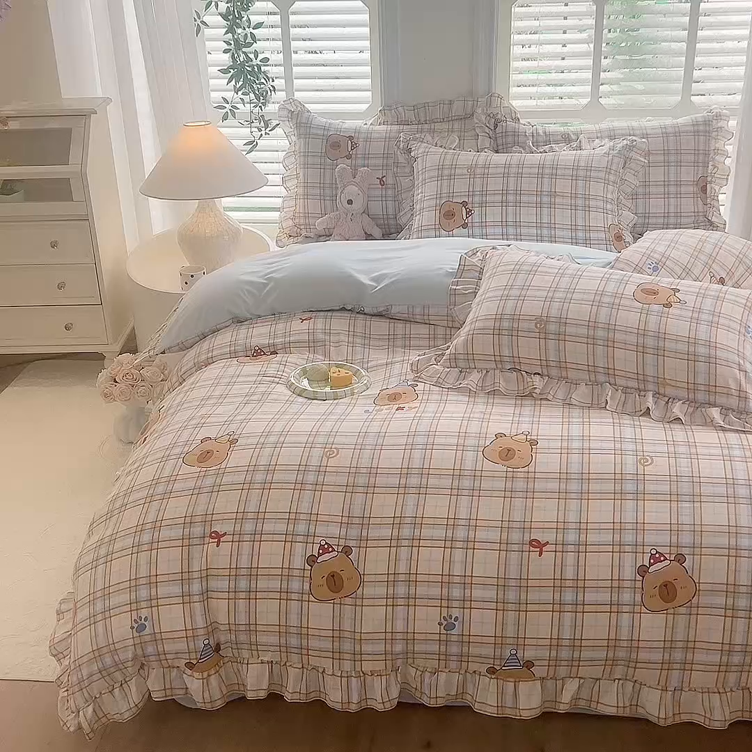 91家纺网 家纺一手货源 找家纺 经年 2026新款韩版花边水洗云朵棉四件套 卡皮吧啦