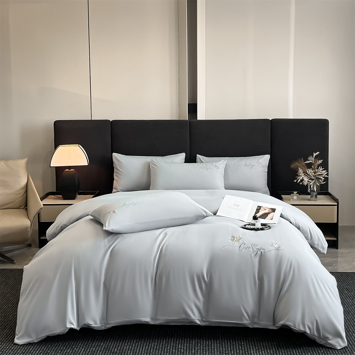 91家纺网 家纺一手货源 找家纺 经年 2026春夏新款亲肤棉加厚磨毛刺绣四件套-蝶舞 蝶舞-浅灰