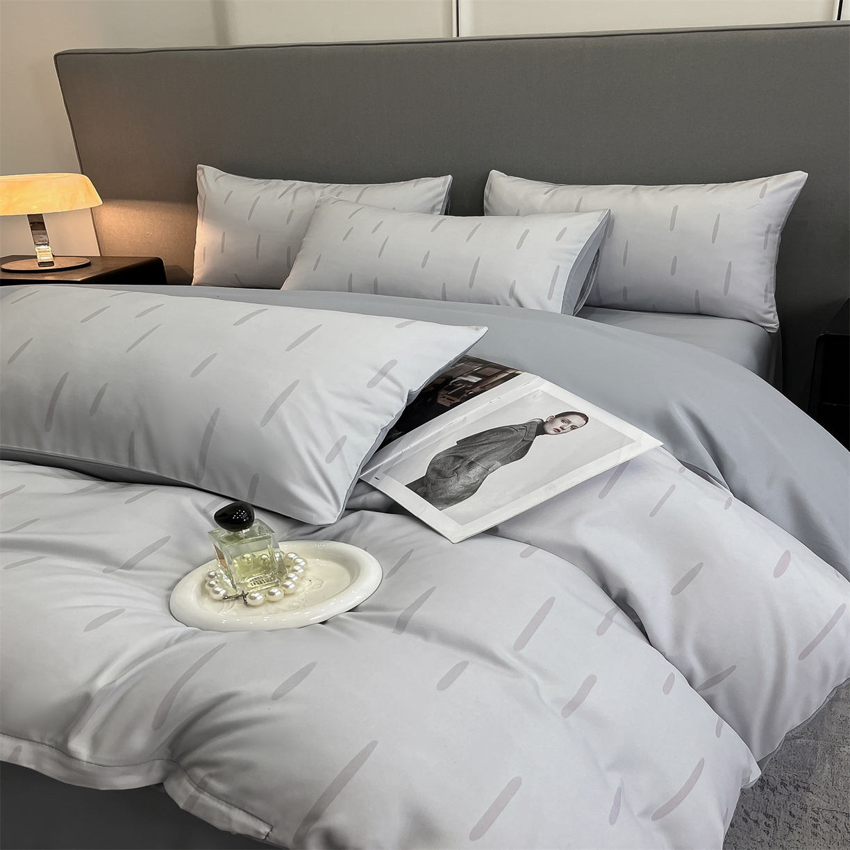 91家纺网 家纺一手货源 找家纺 经年 2026春夏新款亲肤棉加厚磨毛数码印花四件套-流星 流星-浅灰