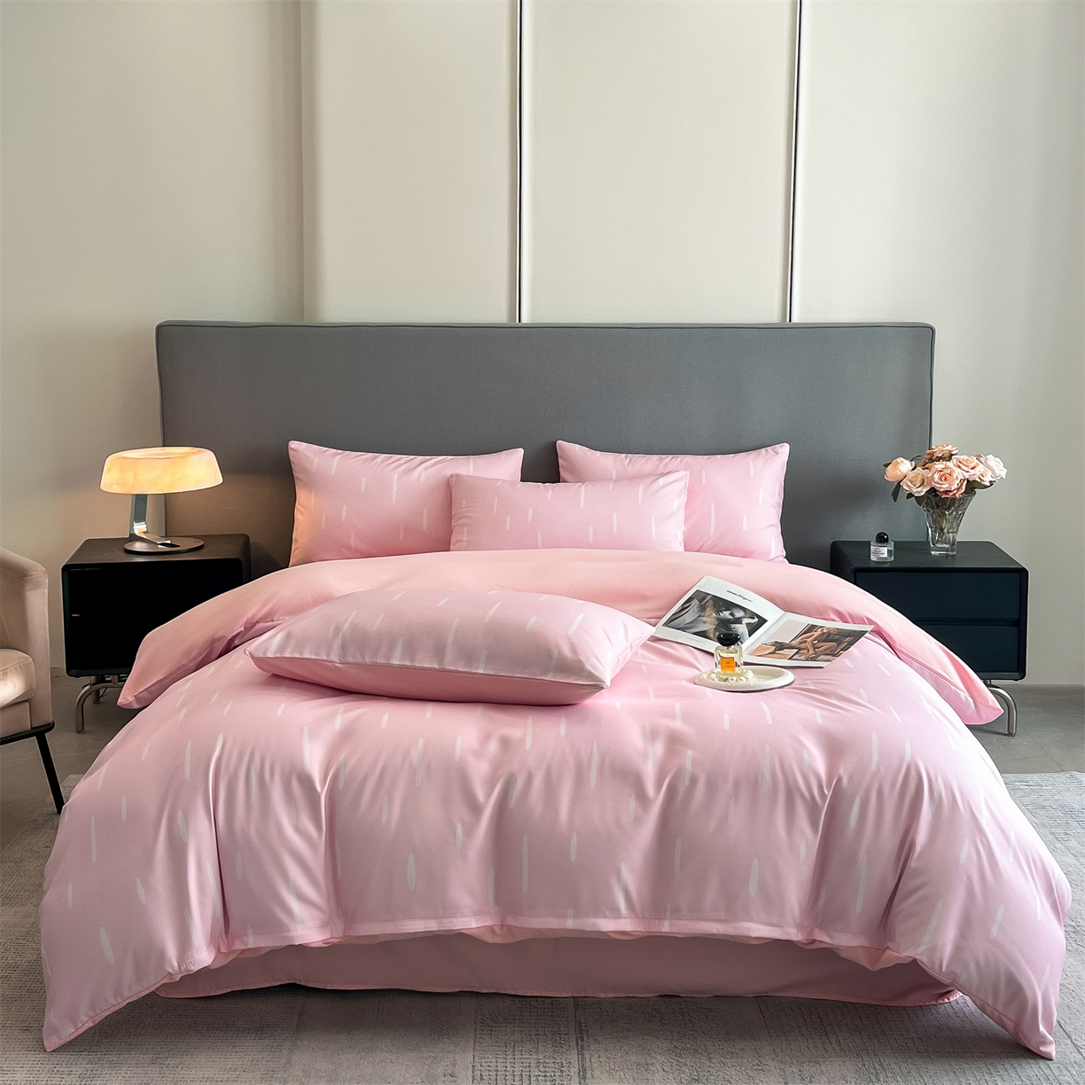 91家纺网 家纺一手货源 找家纺 经年 2026春夏新款亲肤棉加厚磨毛数码印花四件套-流星 流星-粉