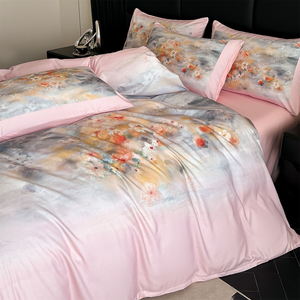 91家纺网 家纺一手货源 找家纺 经年 2026春夏新款亲肤棉加厚磨毛数码印花四件套-倾城 倾城-粉