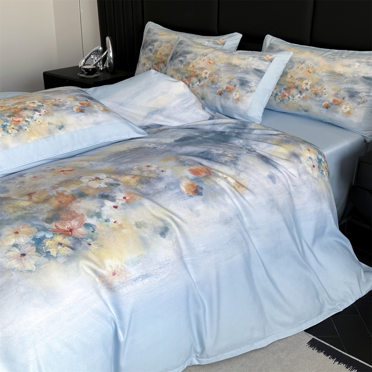 91家纺网 家纺一手货源 找家纺 经年 2026春夏新款亲肤棉加厚磨毛数码印花四件套-倾城 倾城-蓝色