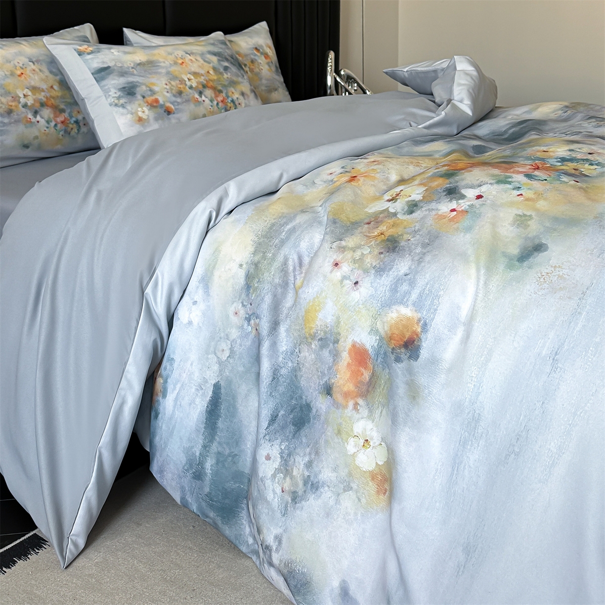 91家纺网 家纺一手货源 找家纺 经年 2026春夏新款亲肤棉加厚磨毛数码印花四件套-倾城 倾城-浅灰