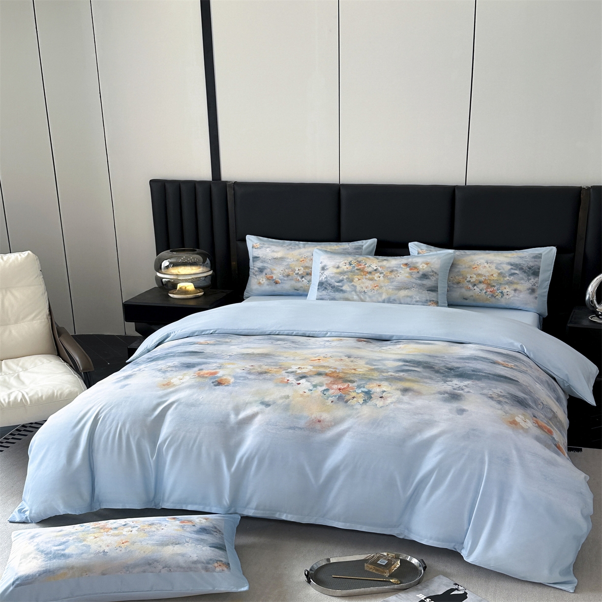 91家纺网 家纺一手货源 找家纺 经年 2026春夏新款亲肤棉加厚磨毛数码印花四件套-倾城 倾城-蓝色