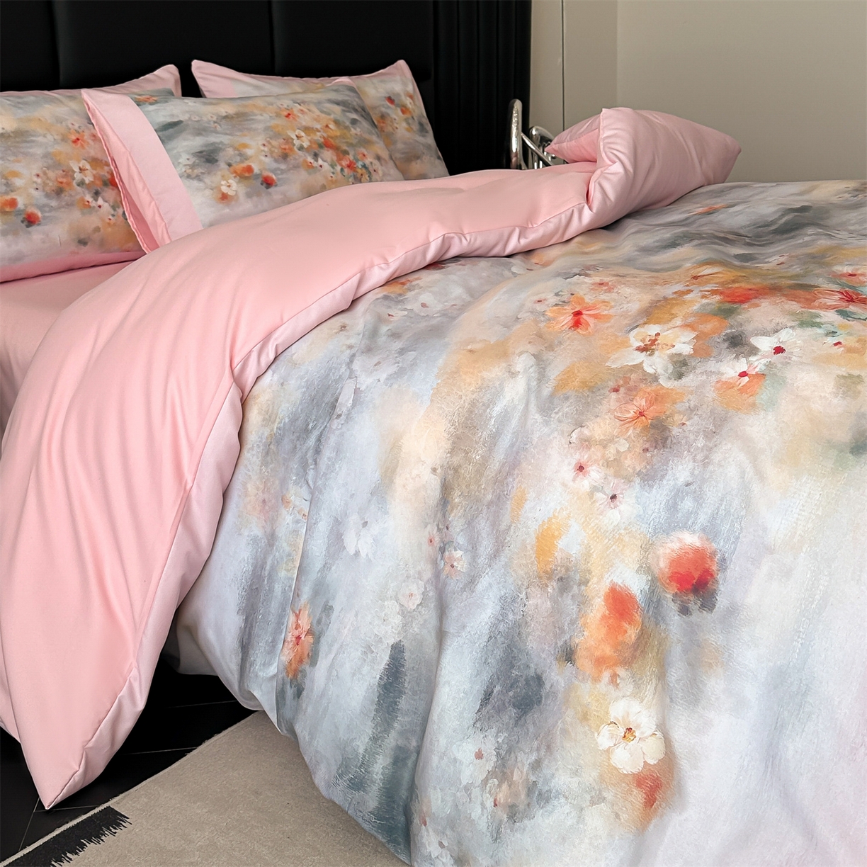 91家纺网 家纺一手货源 找家纺 经年 2026春夏新款亲肤棉加厚磨毛数码印花四件套-倾城 倾城-粉