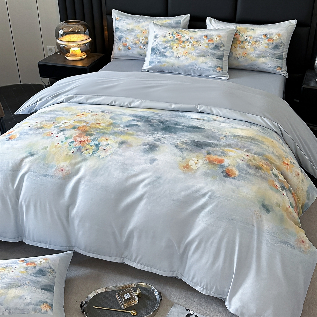 91家纺网 家纺一手货源 找家纺 经年 2026春夏新款亲肤棉加厚磨毛数码印花四件套-倾城 倾城-浅灰