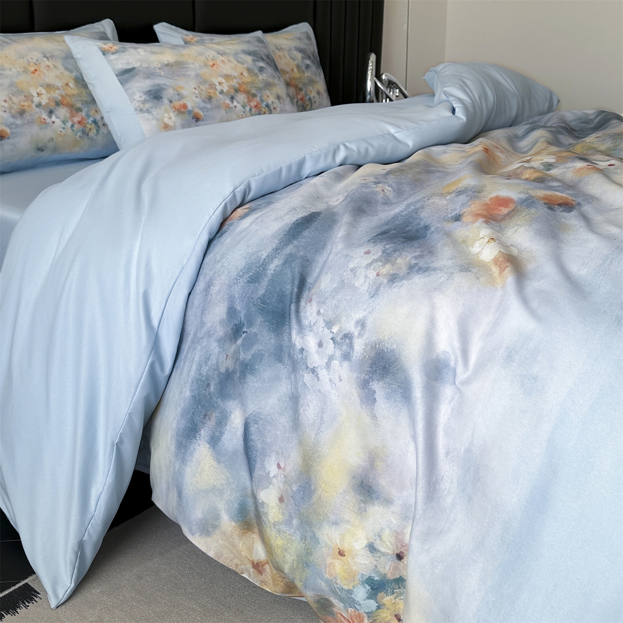 91家纺网 家纺一手货源 找家纺 经年 2026春夏新款亲肤棉加厚磨毛数码印花四件套-倾城 倾城-蓝色