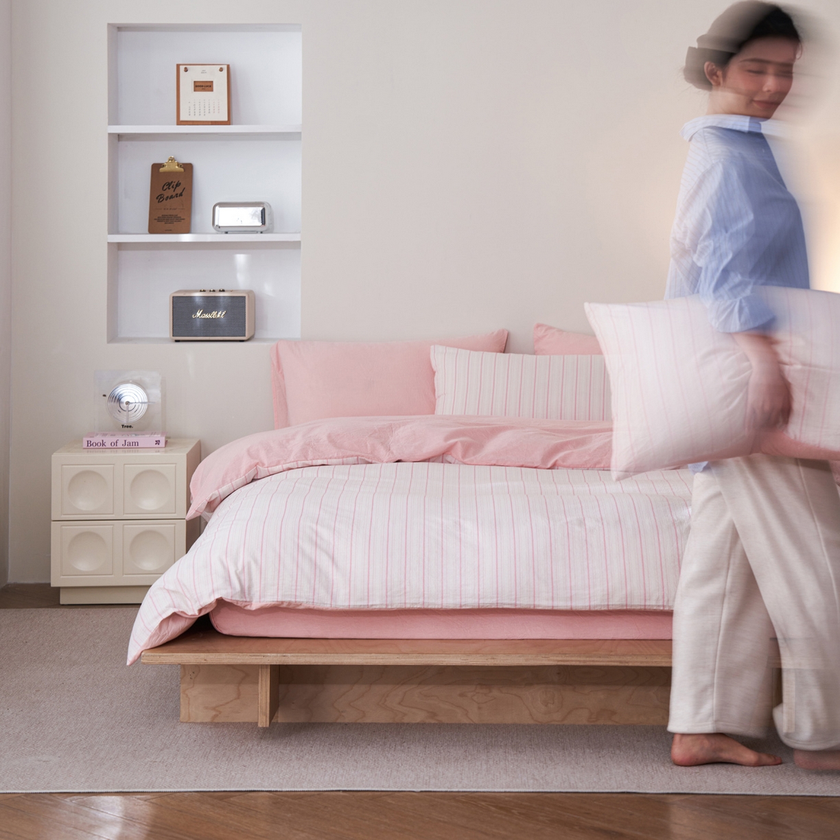 91家纺网 家纺一手货源 找家纺 如一 2026新款色织小提花条纹全棉纯棉水洗棉四件套 织野-粉