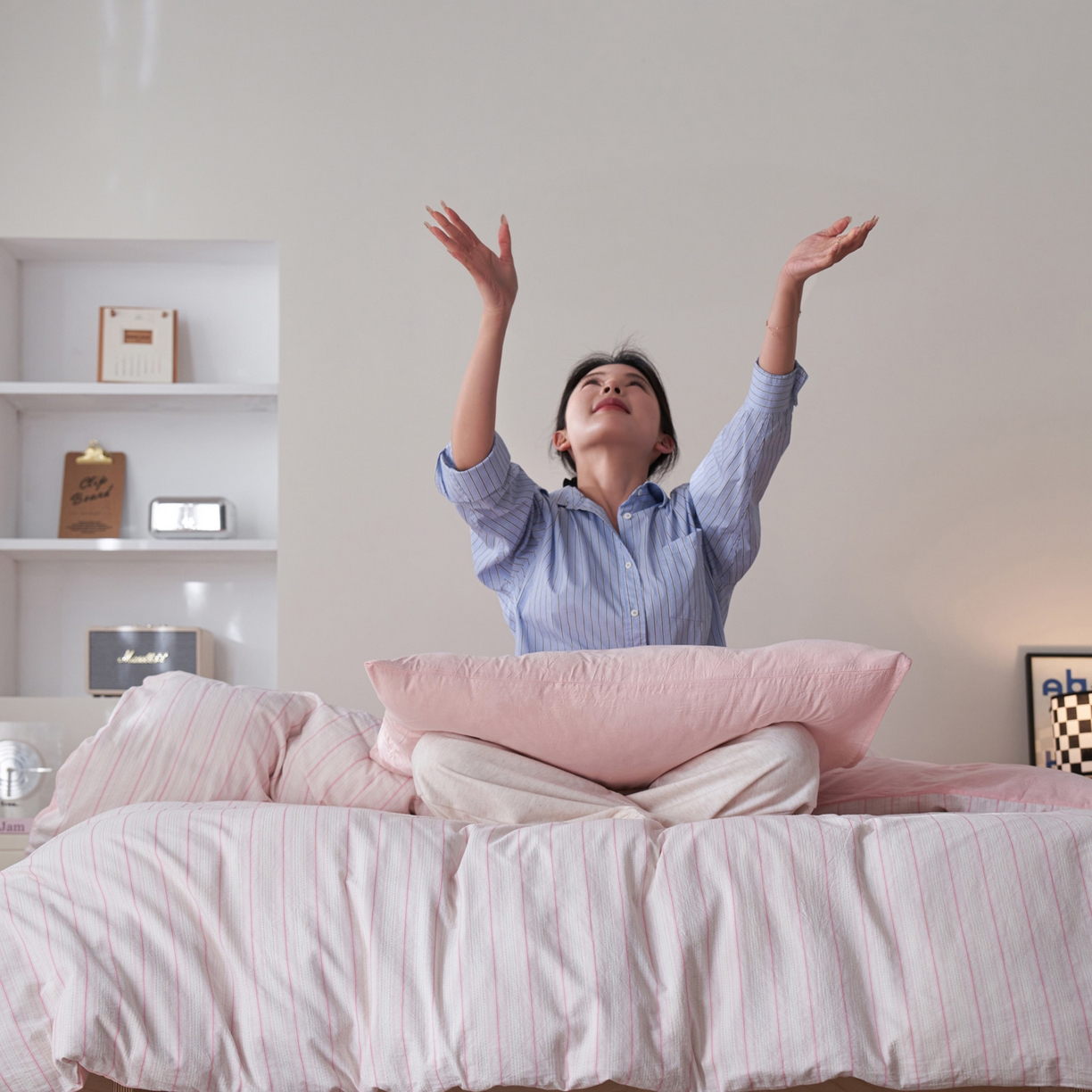 91家纺网 家纺一手货源 找家纺 如一 2026新款色织小提花条纹全棉纯棉水洗棉四件套 织野-粉