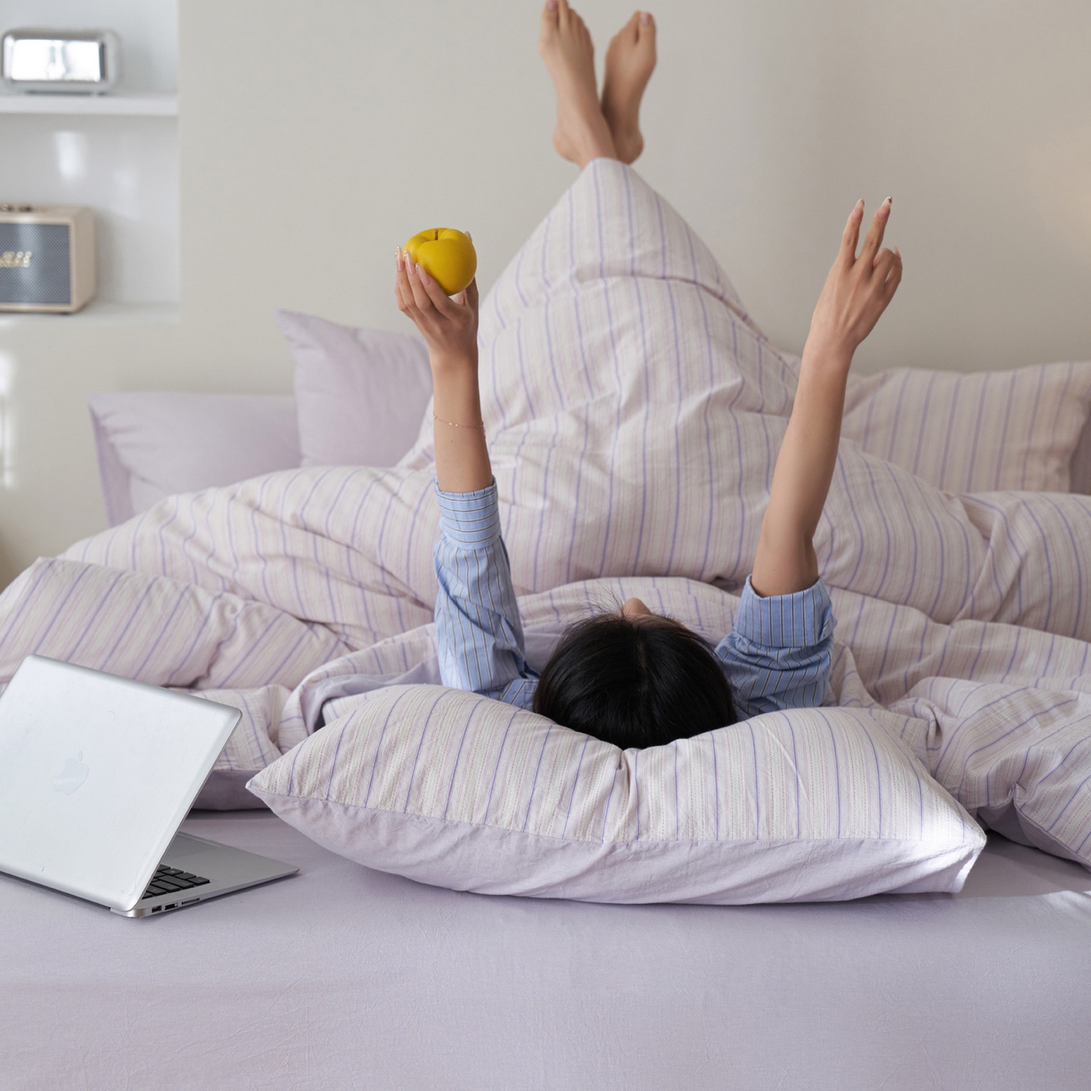 91家纺网 家纺一手货源 找家纺 如一 2026新款色织小提花条纹全棉纯棉水洗棉四件套 织野-紫