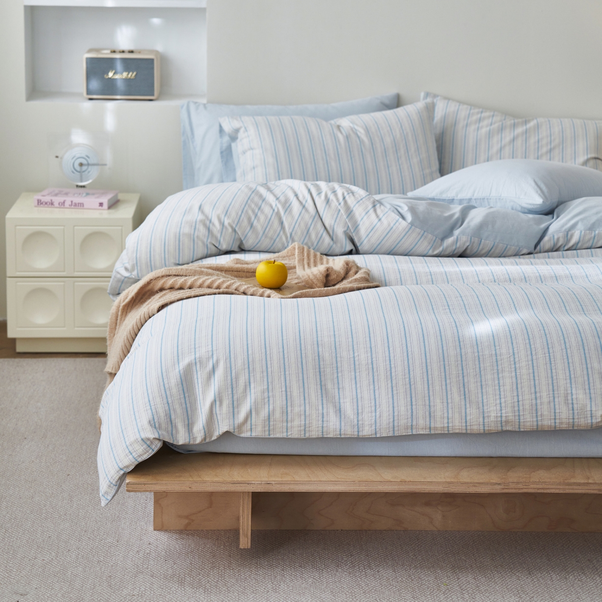 91家纺网 家纺一手货源 找家纺 如一 2026新款色织小提花条纹全棉纯棉水洗棉四件套 织野-蓝