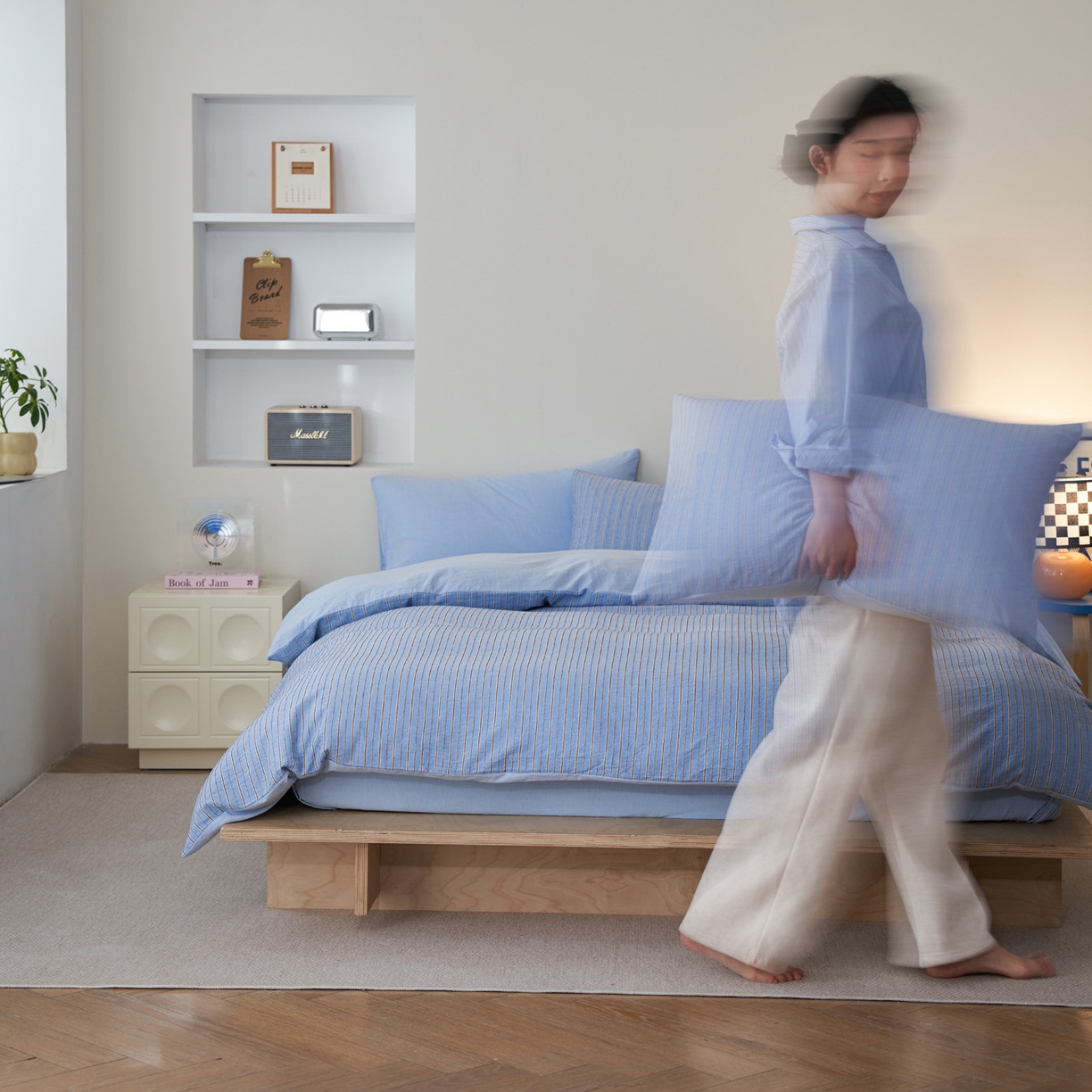 91家纺网 家纺一手货源 找家纺 如一 2026新款色织小提花条纹全棉纯棉水洗棉四件套 禾风-蓝