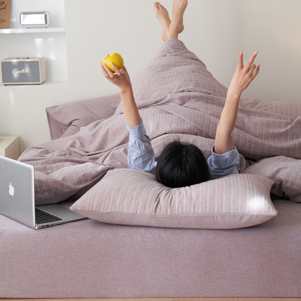 91家纺网 家纺一手货源 找家纺 如一 2026新款色织小提花条纹全棉纯棉水洗棉四件套 禾风-紫