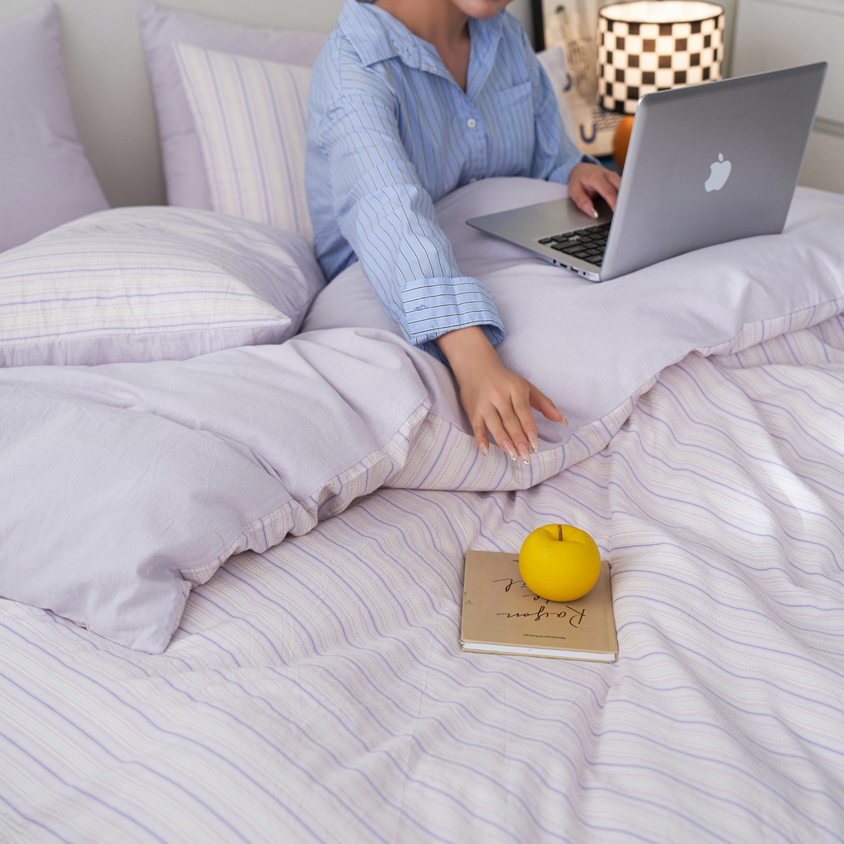 91家纺网 家纺一手货源 找家纺 如一 2026新款色织小提花条纹全棉纯棉水洗棉四件套 织野-紫