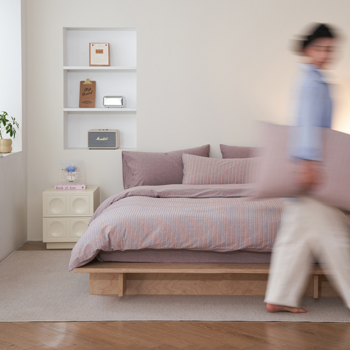 91家纺网 家纺一手货源 找家纺 如一 2026新款色织小提花条纹全棉纯棉水洗棉四件套 禾风-紫