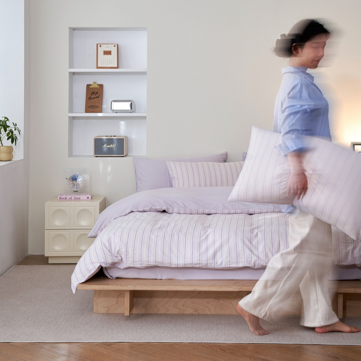 91家纺网 家纺一手货源 找家纺 如一 2026新款色织小提花条纹全棉纯棉水洗棉四件套 织野-紫