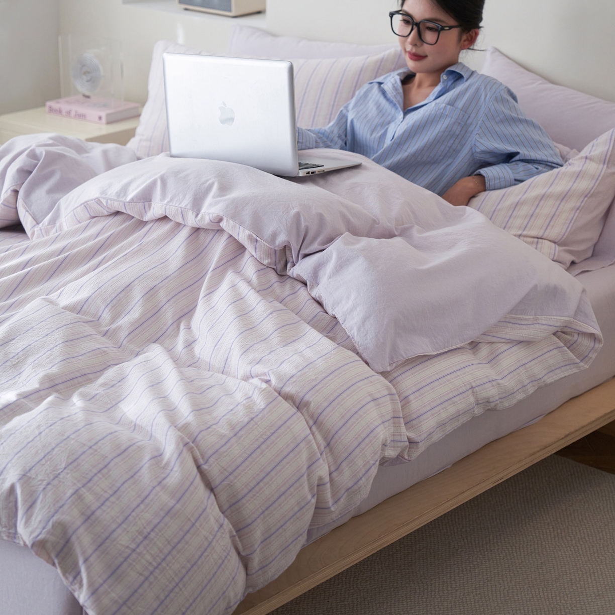 91家纺网 家纺一手货源 找家纺 如一 2026新款色织小提花条纹全棉纯棉水洗棉四件套 织野-紫