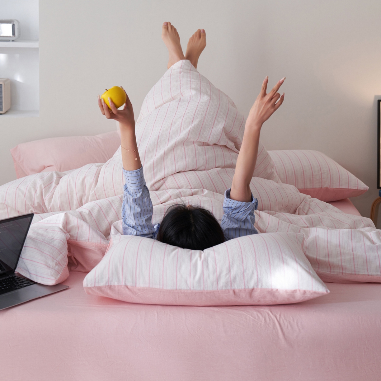 91家纺网 家纺一手货源 找家纺 如一 2026新款色织小提花条纹全棉纯棉水洗棉四件套 织野-粉