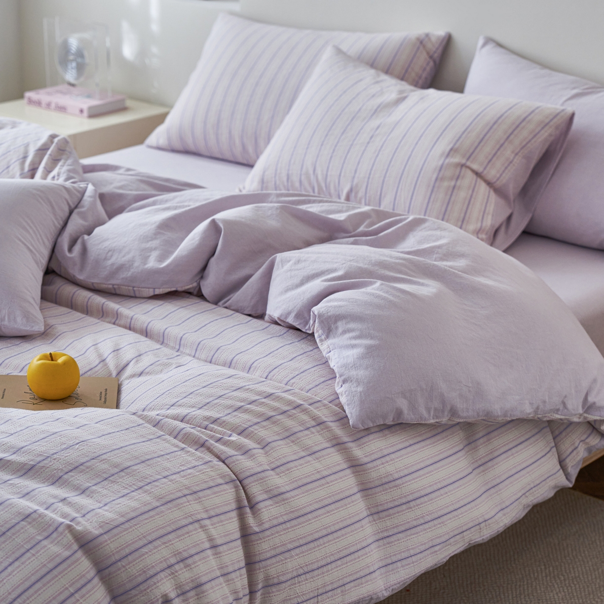 91家纺网 家纺一手货源 找家纺 如一 2026新款色织小提花条纹全棉纯棉水洗棉四件套 织野-紫