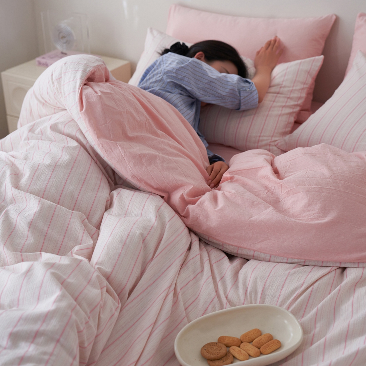 91家纺网 家纺一手货源 找家纺 如一 2026新款色织小提花条纹全棉纯棉水洗棉四件套 织野-粉