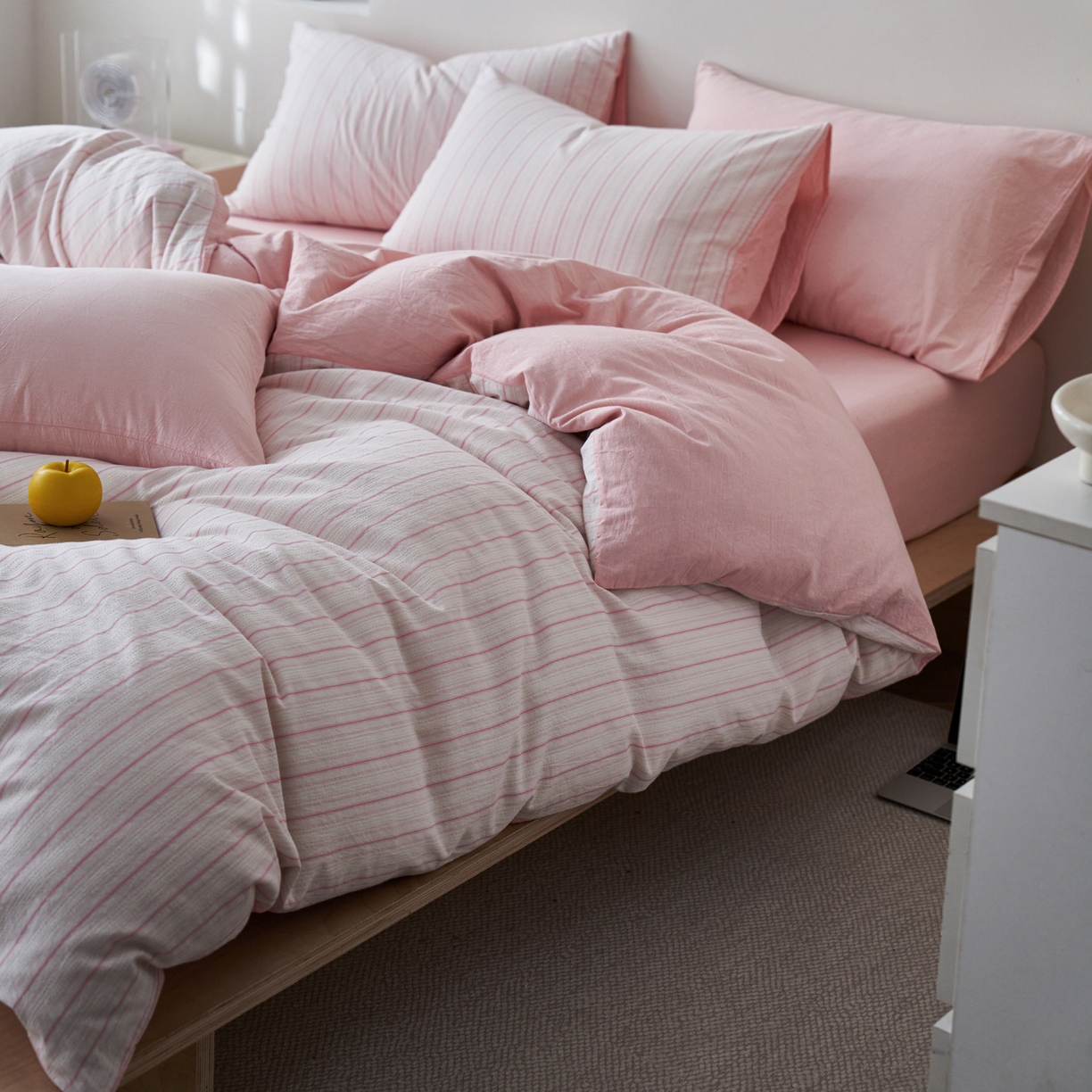 如一 2026新款色织小提花条纹全棉纯棉水洗棉四件套 织野-粉