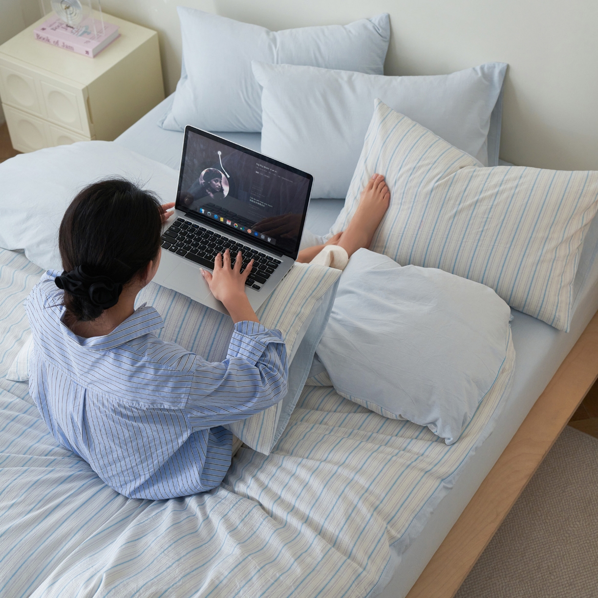 91家纺网 家纺一手货源 找家纺 如一 2026新款色织小提花条纹全棉纯棉水洗棉四件套 织野-蓝