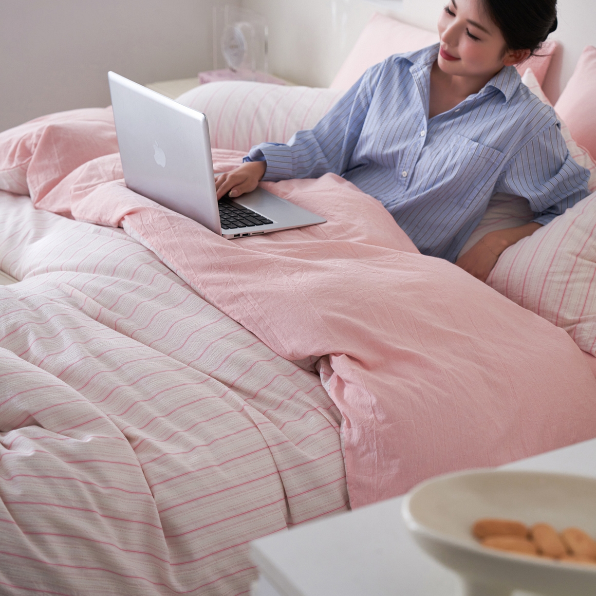 91家纺网 家纺一手货源 找家纺 如一 2026新款色织小提花条纹全棉纯棉水洗棉四件套 织野-粉