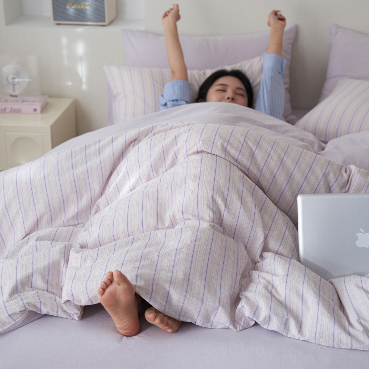 91家纺网 家纺一手货源 找家纺 如一 2026新款色织小提花条纹全棉纯棉水洗棉四件套 织野-紫