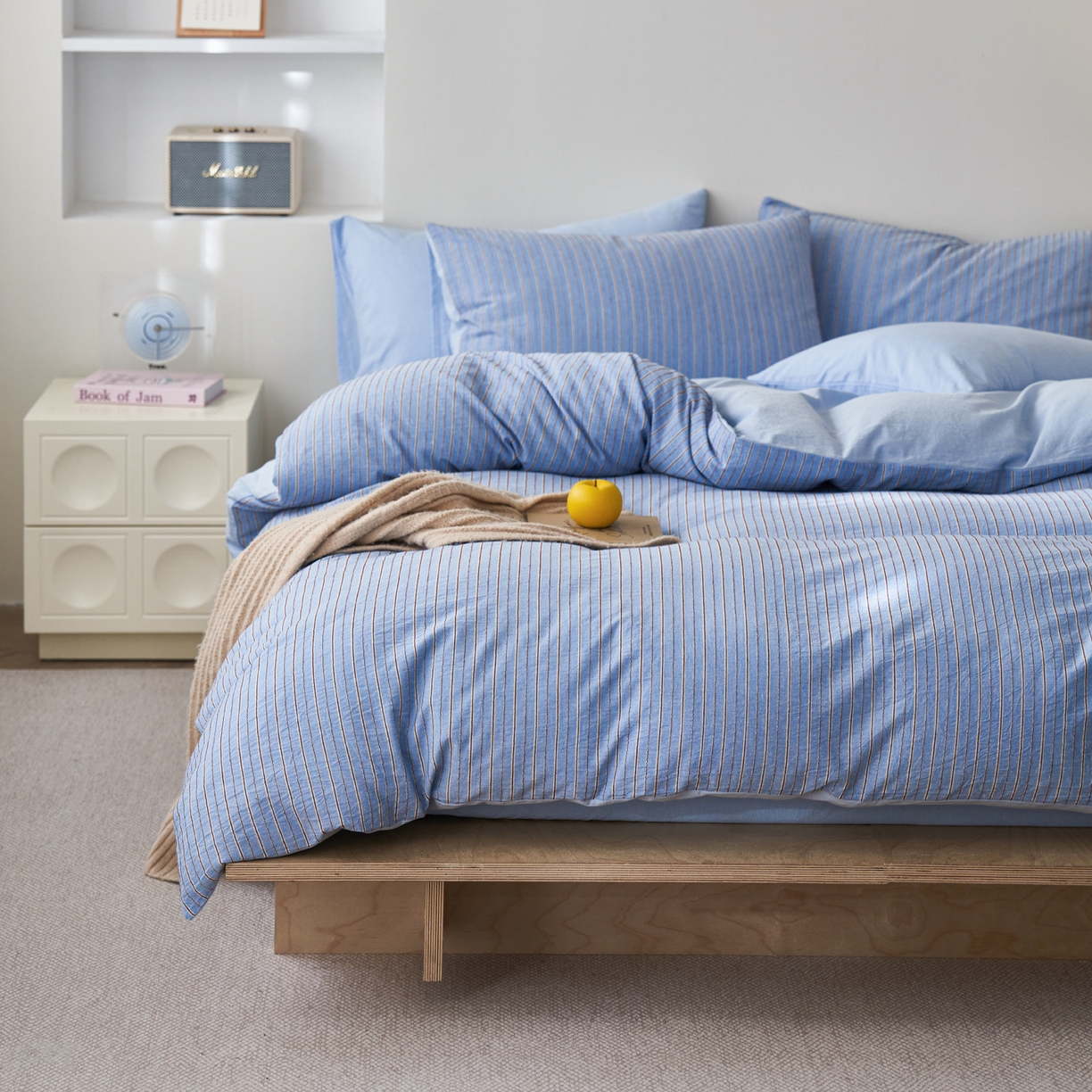 91家纺网 家纺一手货源 找家纺 如一 2026新款色织小提花条纹全棉纯棉水洗棉四件套 禾风-蓝