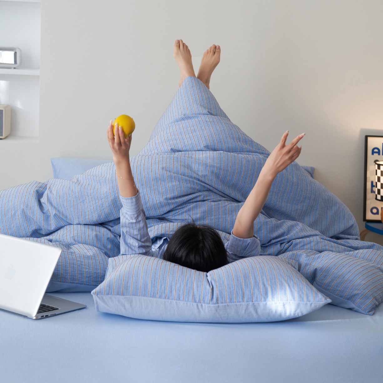 91家纺网 家纺一手货源 找家纺 如一 2026新款色织小提花条纹全棉纯棉水洗棉四件套 禾风-蓝