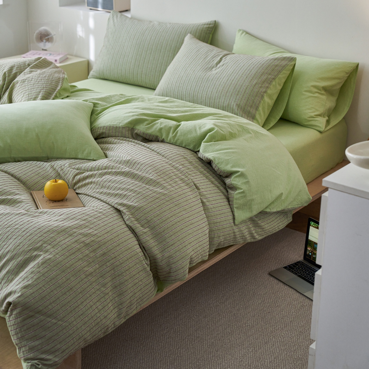 如一 2026新款色织小提花条纹全棉纯棉水洗棉四件套 禾风-绿