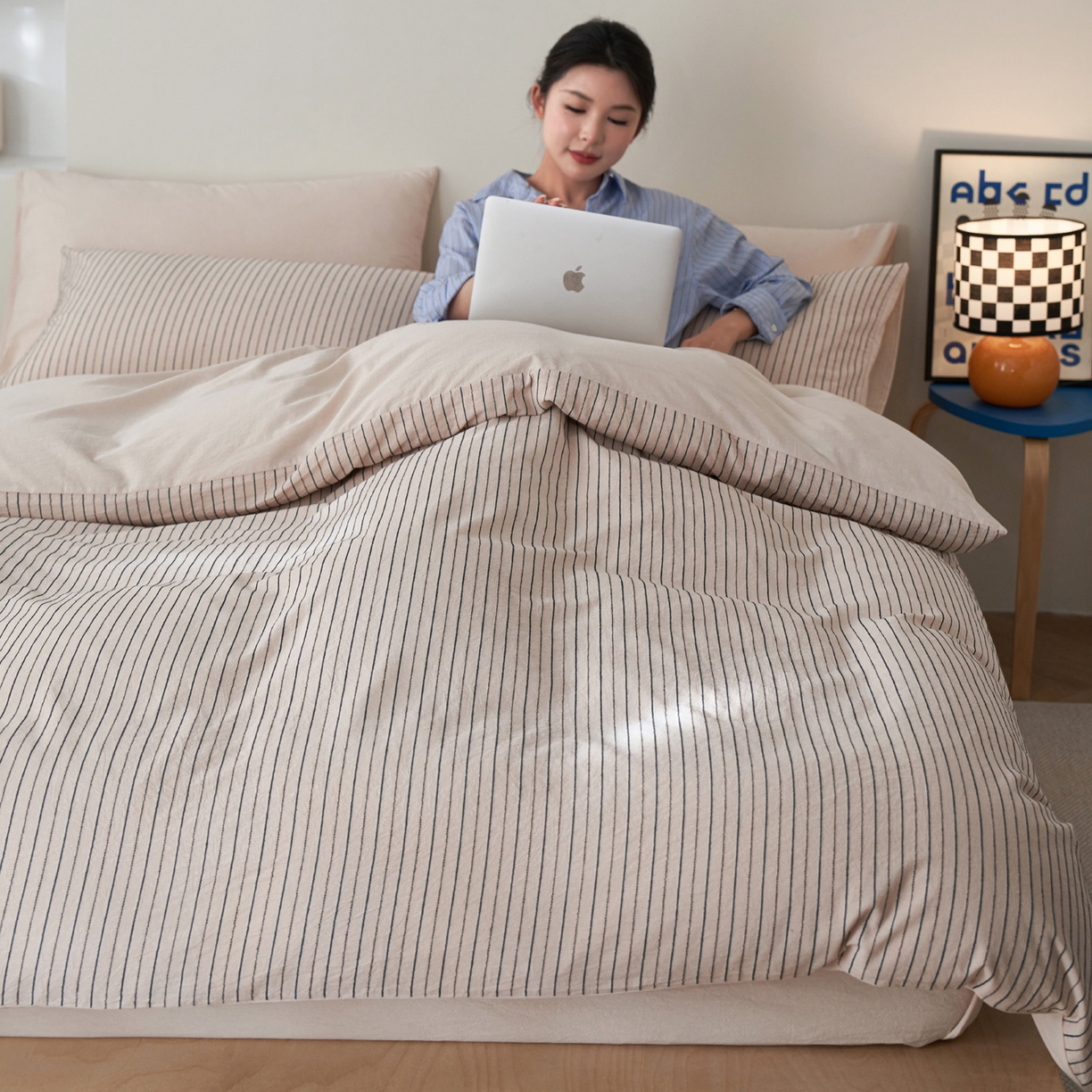 91家纺网 家纺一手货源 找家纺 如一 2026新款色织小提花条纹全棉纯棉水洗棉四件套 禾风-驼