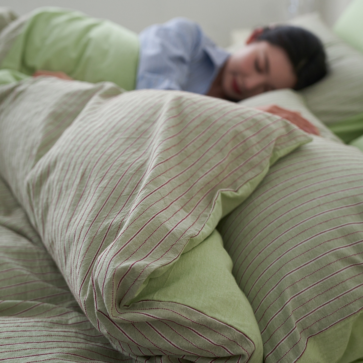 91家纺网 家纺一手货源 找家纺 如一 2026新款色织小提花条纹全棉纯棉水洗棉四件套 禾风-绿