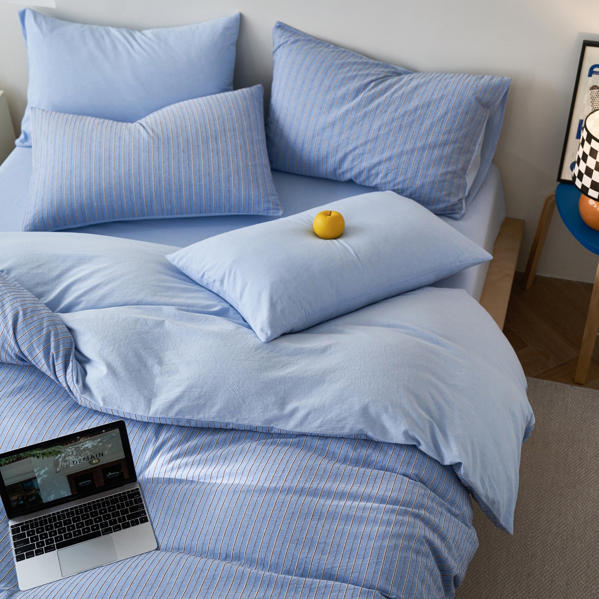 91家纺网 家纺一手货源 找家纺 如一 2026新款色织小提花条纹全棉纯棉水洗棉四件套 禾风-蓝