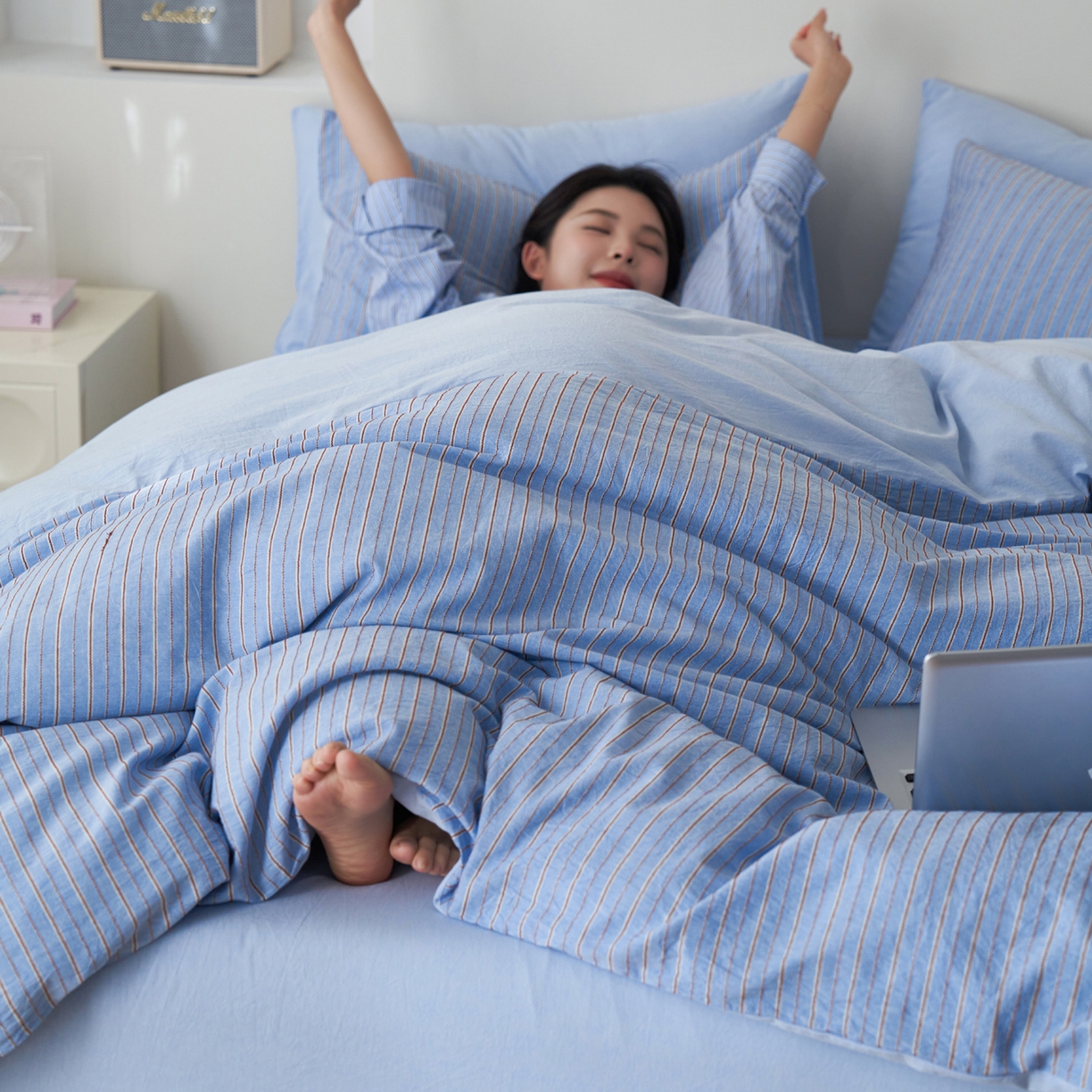 91家纺网 家纺一手货源 找家纺 如一 2026新款色织小提花条纹全棉纯棉水洗棉四件套 禾风-蓝