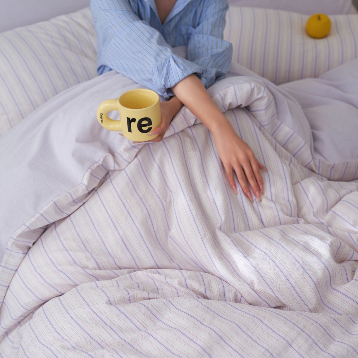 91家纺网 家纺一手货源 找家纺 如一 2026新款色织小提花条纹全棉纯棉水洗棉四件套 织野-紫