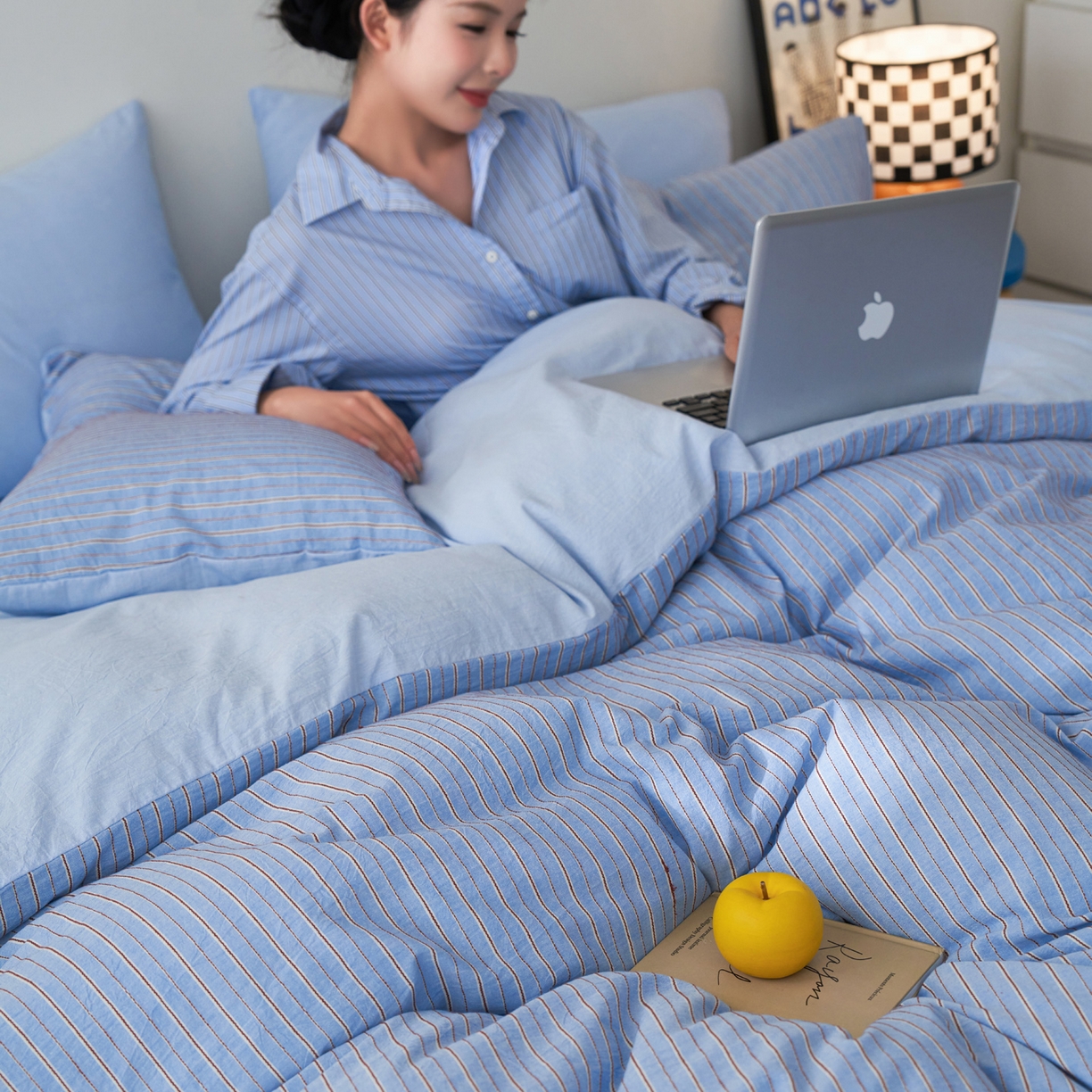 91家纺网 家纺一手货源 找家纺 如一 2026新款色织小提花条纹全棉纯棉水洗棉四件套 禾风-蓝