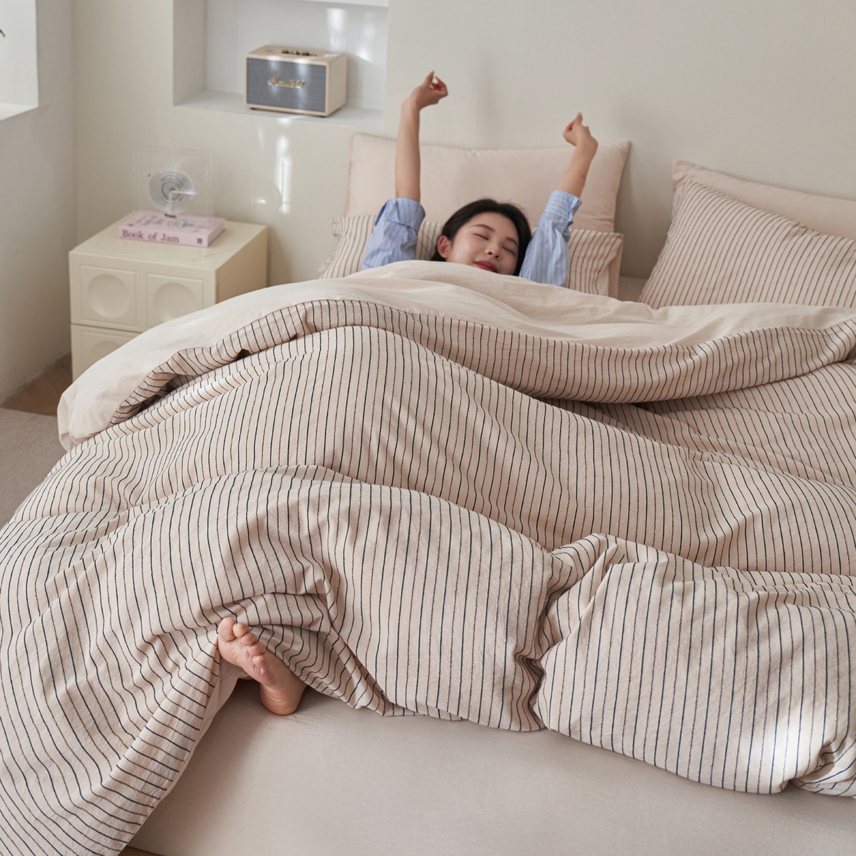 91家纺网 家纺一手货源 找家纺 如一 2026新款色织小提花条纹全棉纯棉水洗棉四件套 禾风-驼